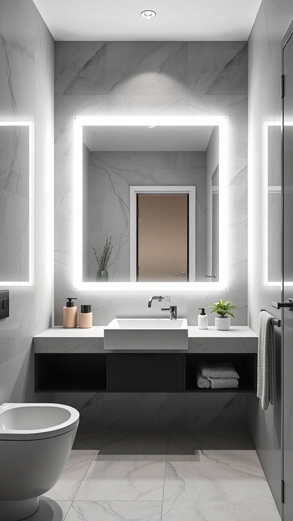 Modern bathroom with a chic backlit mirror, sleek sink, and minimalist decor.