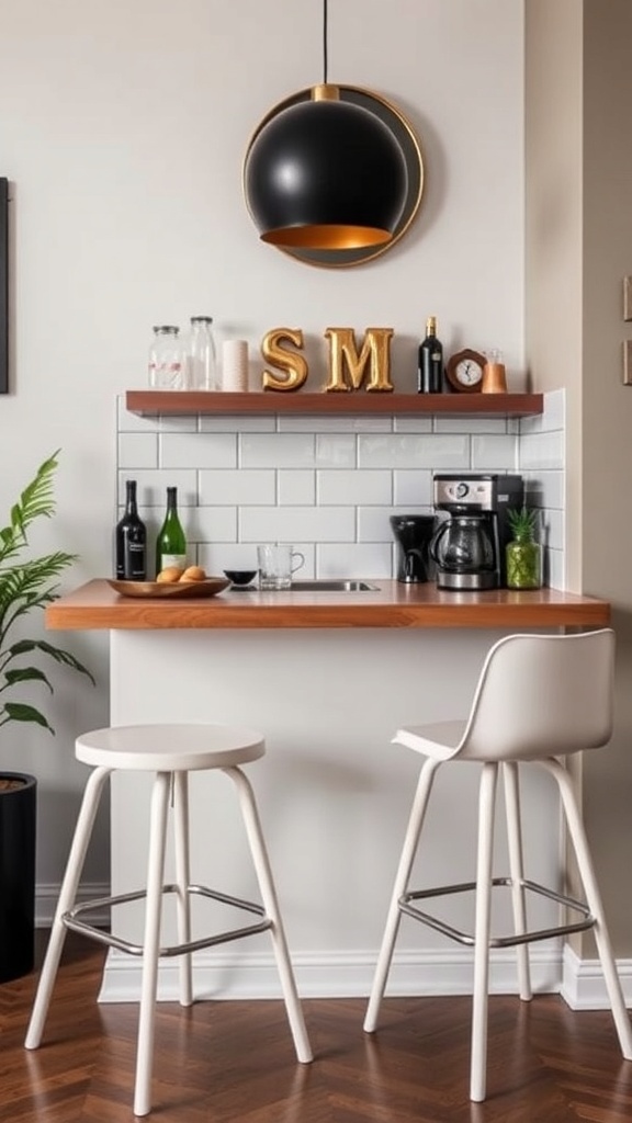 Two chic bar stools at a small coffee bar with a wooden countertop and modern decor.