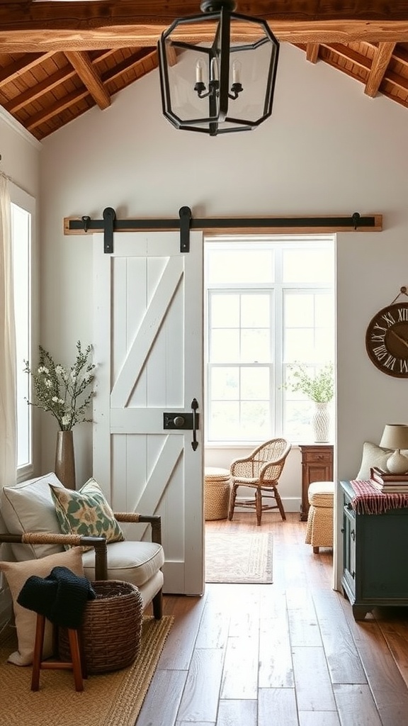A cozy interior featuring a chic white barn door, wooden floors, and a comfortable seating area.
