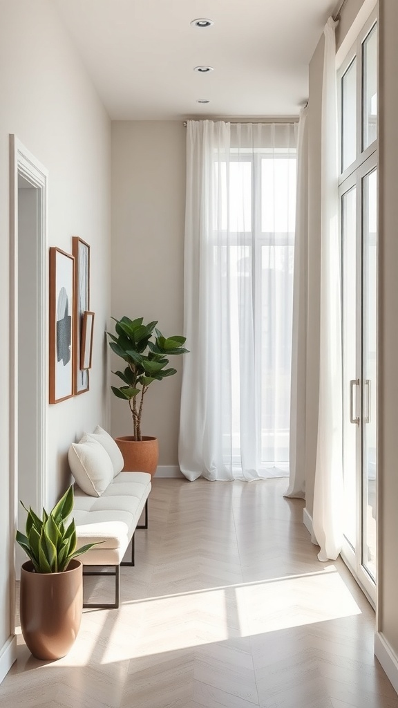 A stylish narrow hallway featuring a minimalist bench, plants, and natural light.