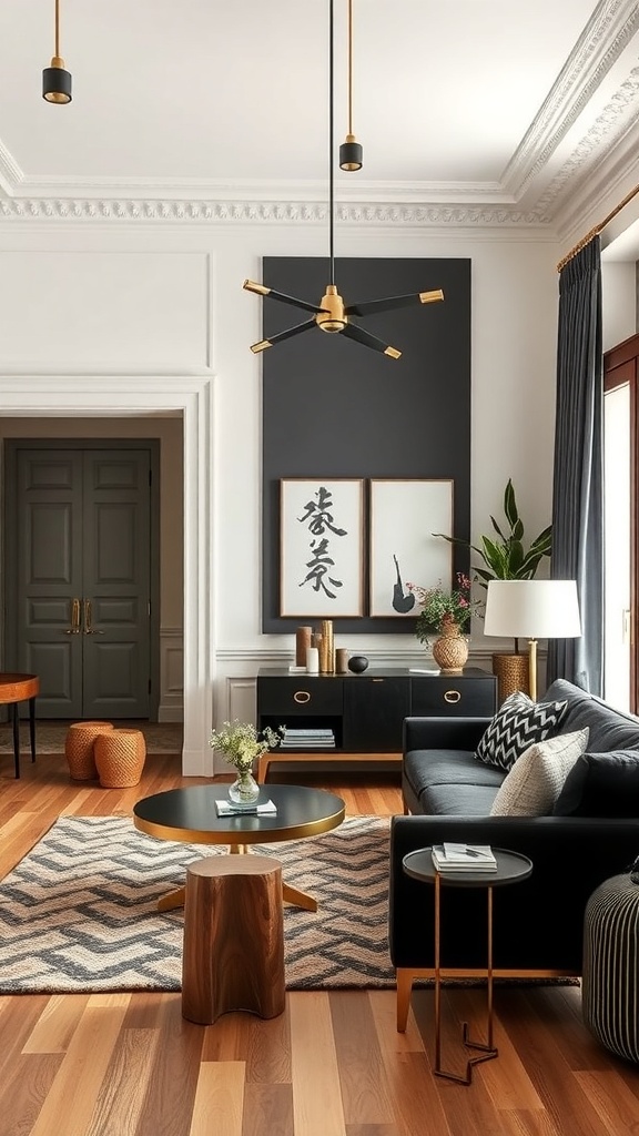A stylish living room featuring black and gold accents with modern furniture.