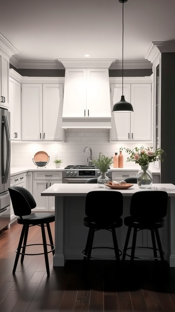 Chic black and white kitchen with modern design elements.