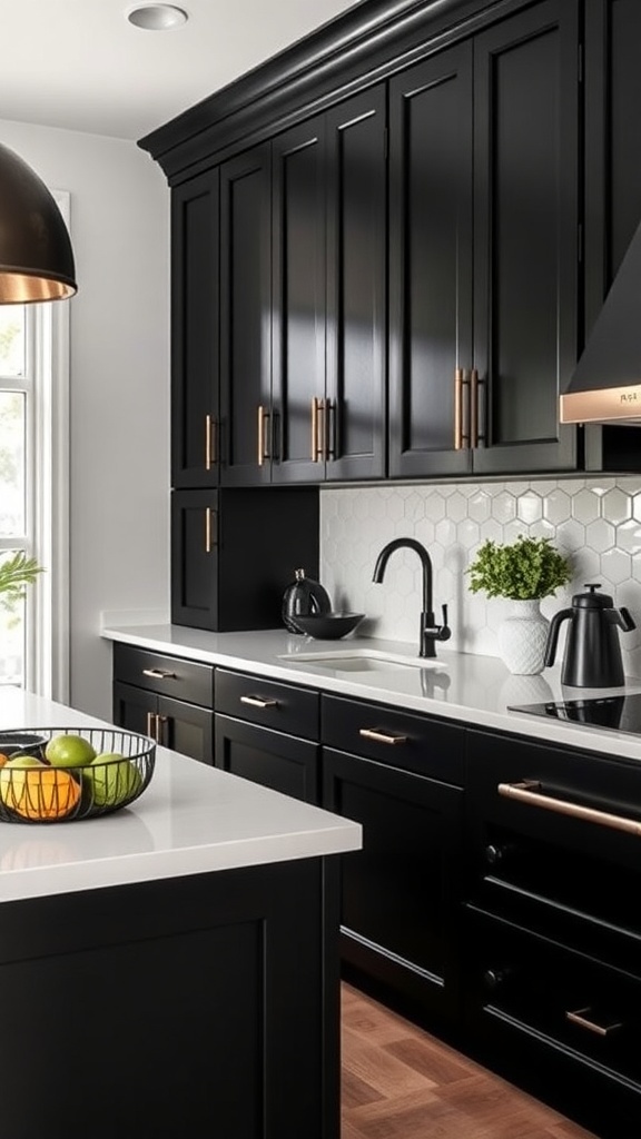 A modern kitchen featuring black cabinetry, white backsplash, and copper accents.