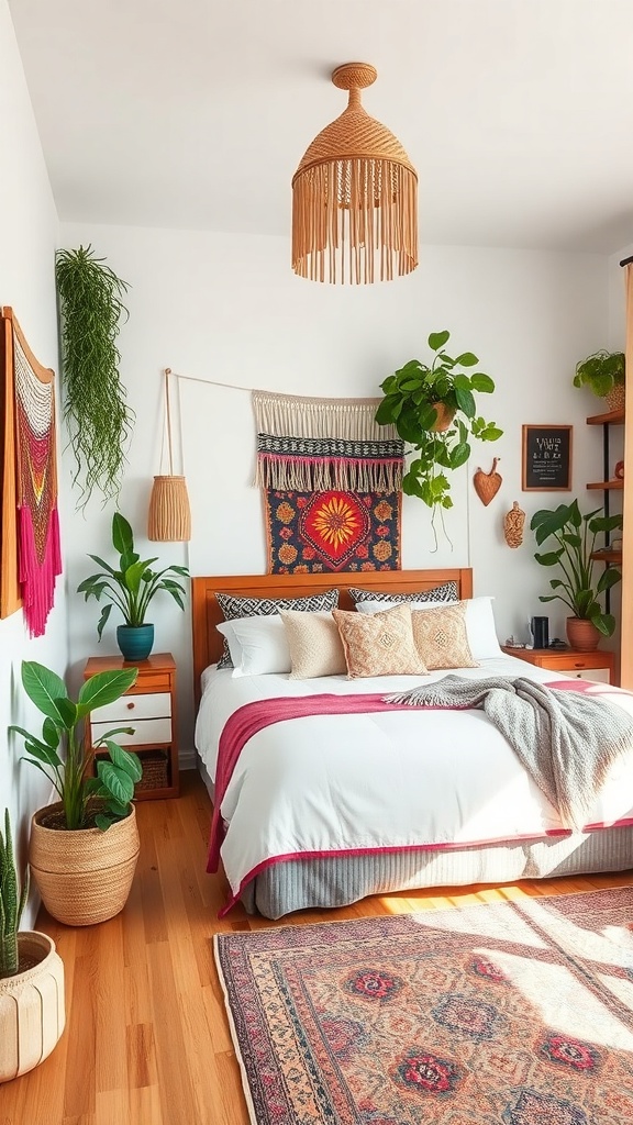 A chic bohemian bedroom featuring a wooden bed, colorful textiles, hanging plants, and woven wall art.