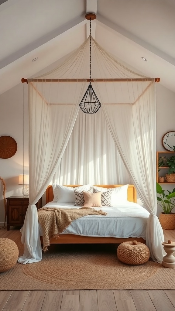 A cozy bedroom featuring a chic canopy bed with soft drapes, warm wood tones, decorative pillows, and plants.