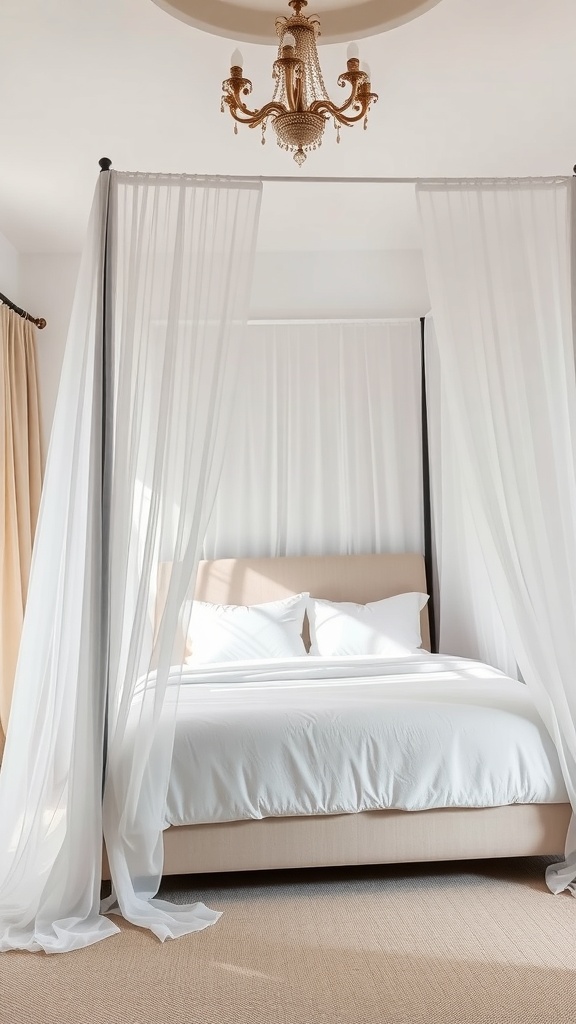 Chic canopy bed with sheer curtains and elegant chandelier