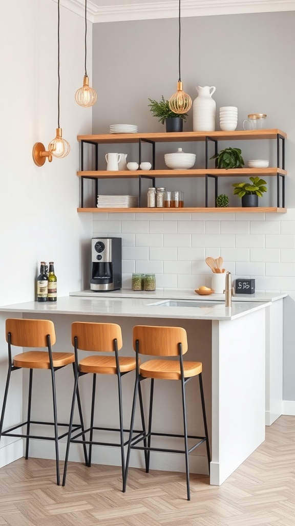 Chic coffee bar with modern bar stools and open shelving