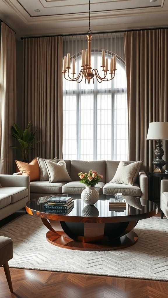 A stylish Art Deco living room featuring a unique coffee table, soft furnishings, and large windows.