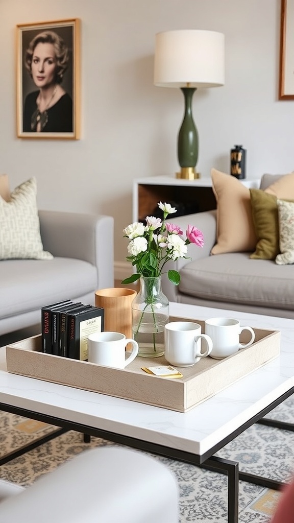 Chic coffee table setup with white mugs, a vase of flowers, and stacked books on a tray.