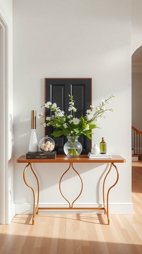 A stylish console table with a wooden top and gold frame, decorated with flowers and decorative items.