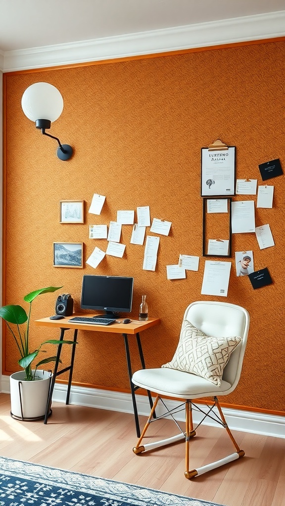 A stylish home office with an orange cork board wall, desk, computer, and plant.