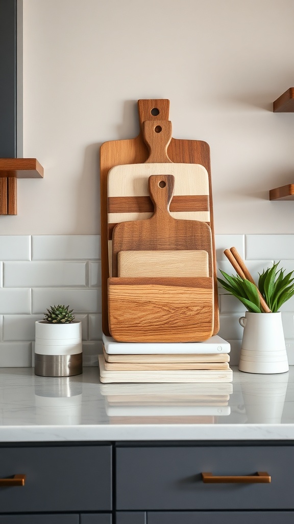 Stylish arrangement of wooden cutting boards on a kitchen countertop with a small plant.