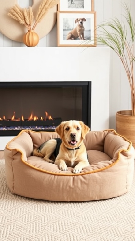 A happy dog resting in a chic designer dog bed near a fireplace, surrounded by stylish decor.