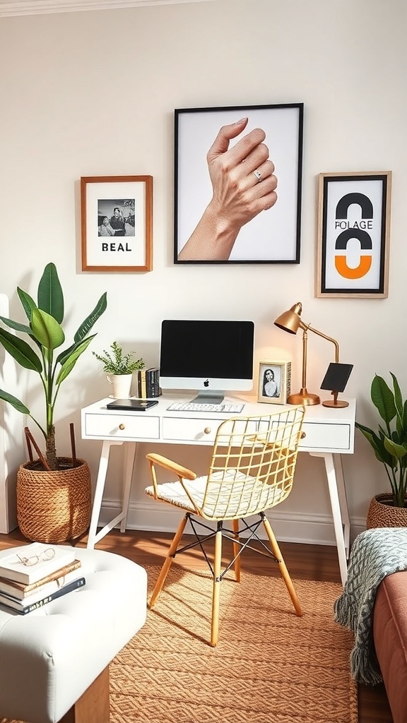 A stylish desk nook featuring a white desk, a modern chair, wall art, plants, and a cozy rug.