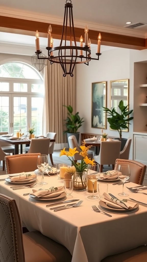 Chic dining area with a beautifully set table, chandelier, and bright flowers.