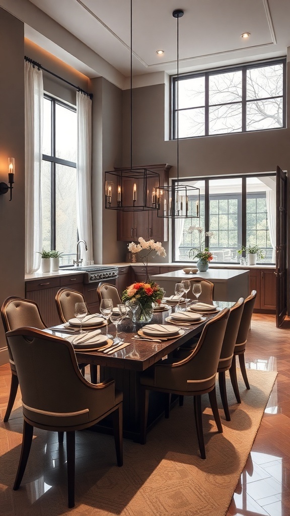 Chic dining area in a modern luxury kitchen with elegant table setting and large windows