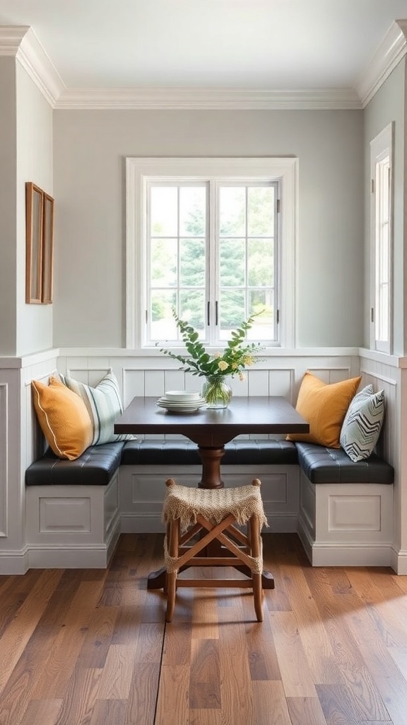 A stylish dining nook with a wooden table, cozy seating, and decorative pillows.