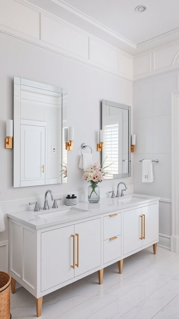A chic double vanity in a modern bathroom featuring white cabinetry, gold accents, and large mirrors.