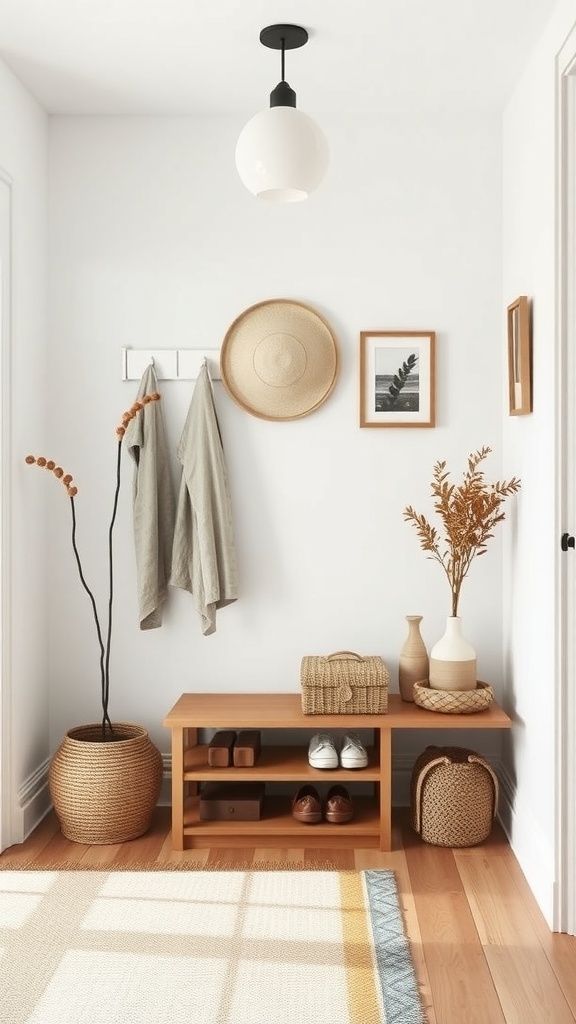 A stylish Scandinavian entryway featuring a wooden bench, hanging coats, and decorative plants.