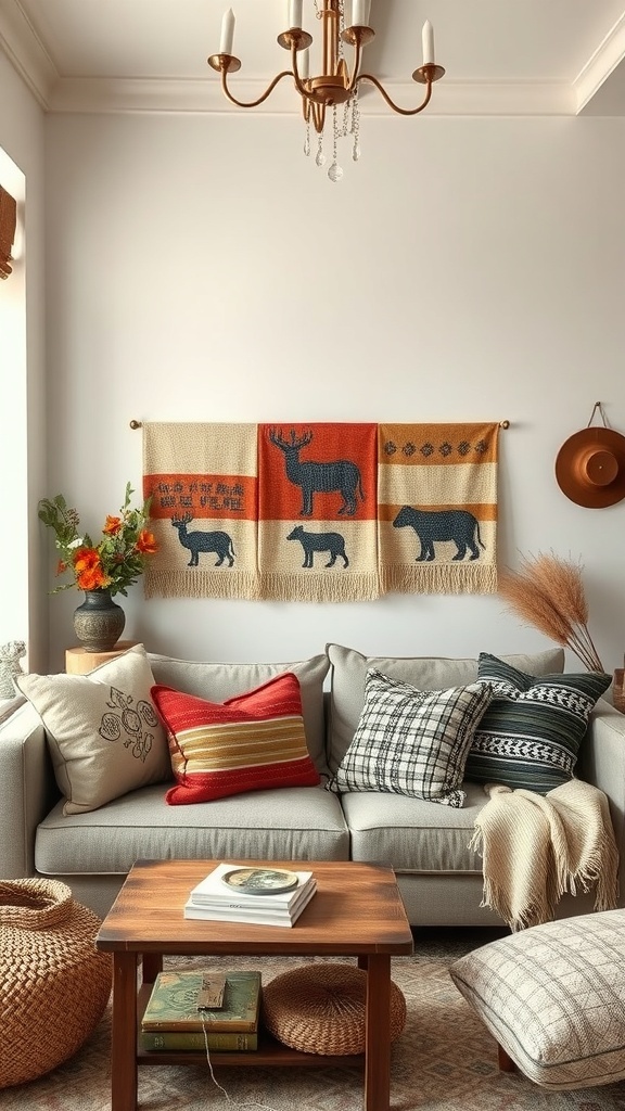 Two fabric wall art pieces with unique designs hanging above a cozy sofa.