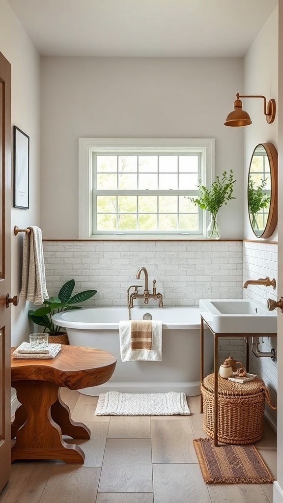 A cozy farmhouse bathroom featuring a freestanding tub, brass fixtures, wooden accents, and plants.