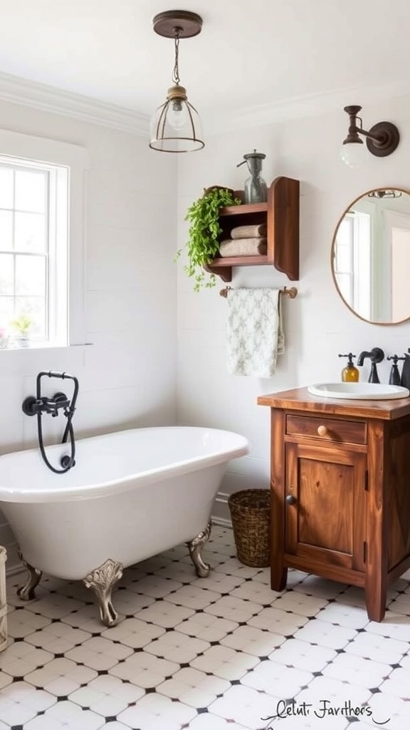 A chic farmhouse bathroom featuring a freestanding tub, wooden vanity, and patterned floor tiles.