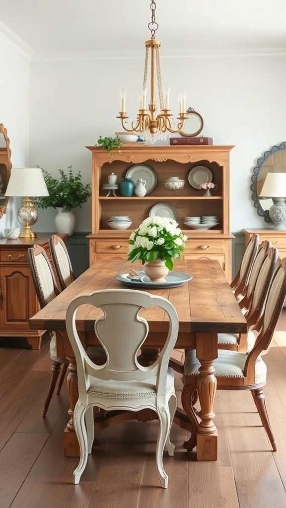 A chic farmhouse dining room featuring a wooden table, elegant chandelier, and vintage decor.
