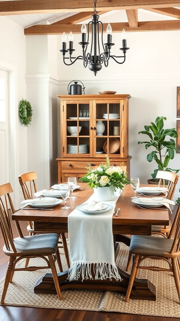 A cozy farmhouse dining room featuring a wooden table, chairs, and a chandelier.