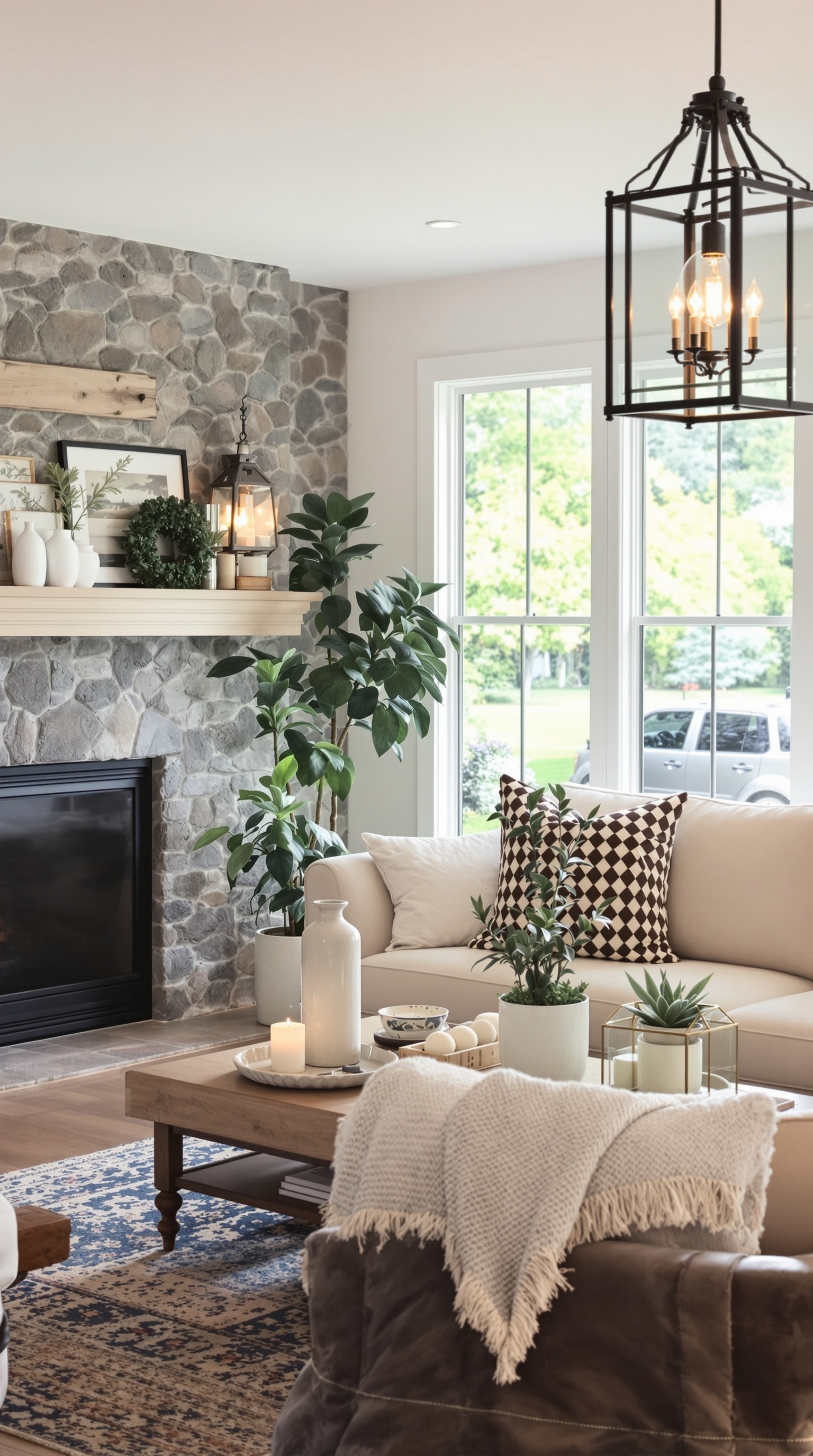 Stylish farmhouse living room with pendant lighting and cozy seating