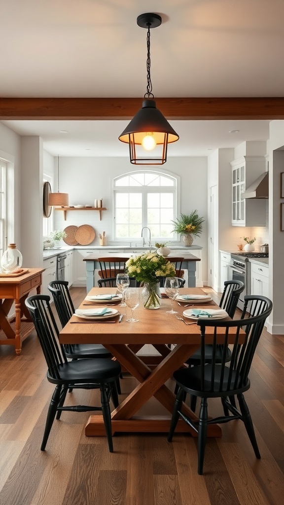 A modern rustic kitchen featuring a black pendant light above a wooden dining table with black chairs.