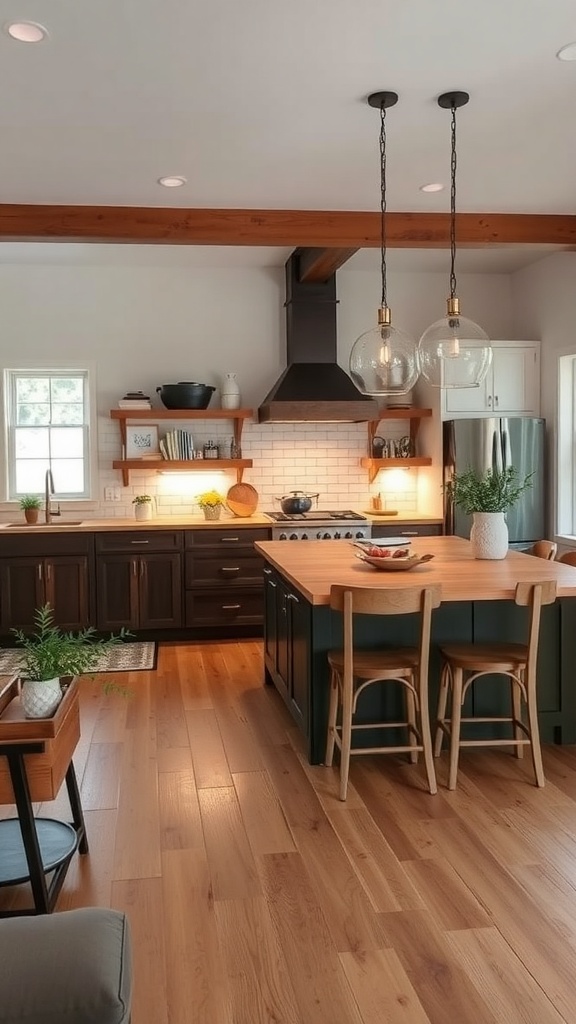 A modern farmhouse kitchen featuring stylish pendant lighting over a wooden island.