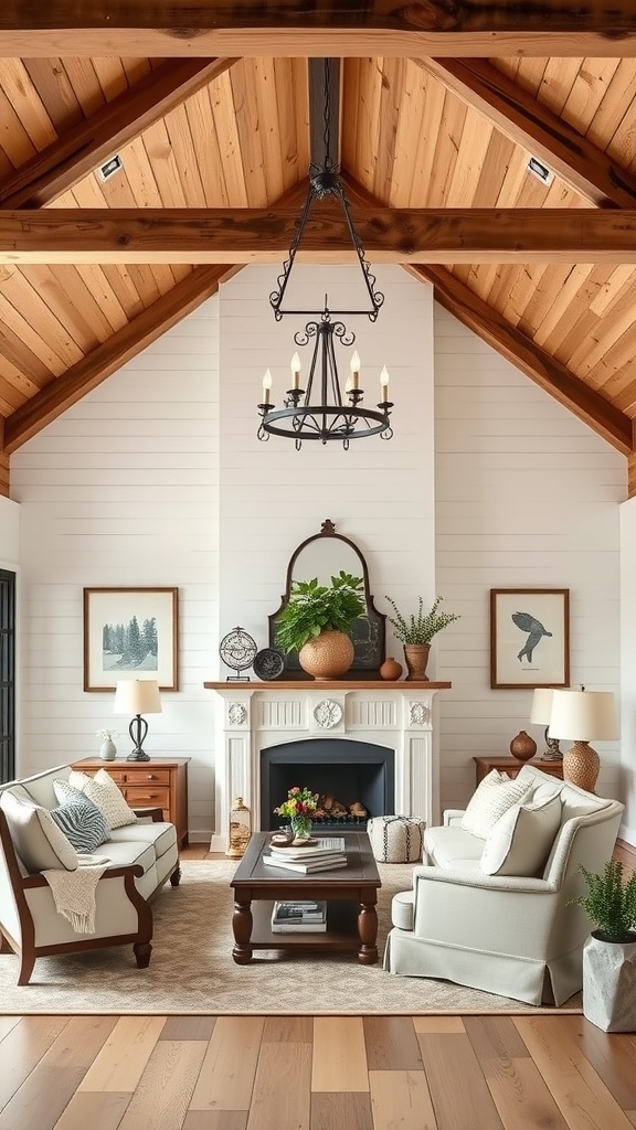 A cozy farmhouse living room featuring a stylish chandelier and warm decor.