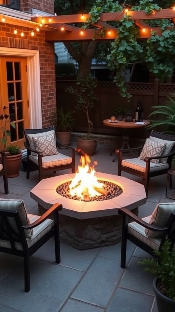 Chic fire pit setup with stone fire pit, comfortable chairs, and string lights