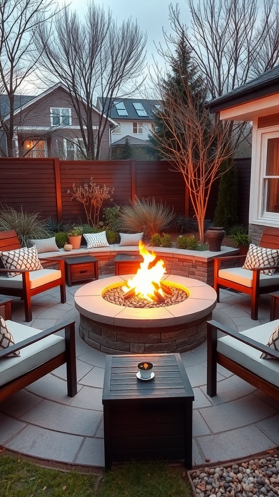 Cozy outdoor fire pit surrounded by seating and plants
