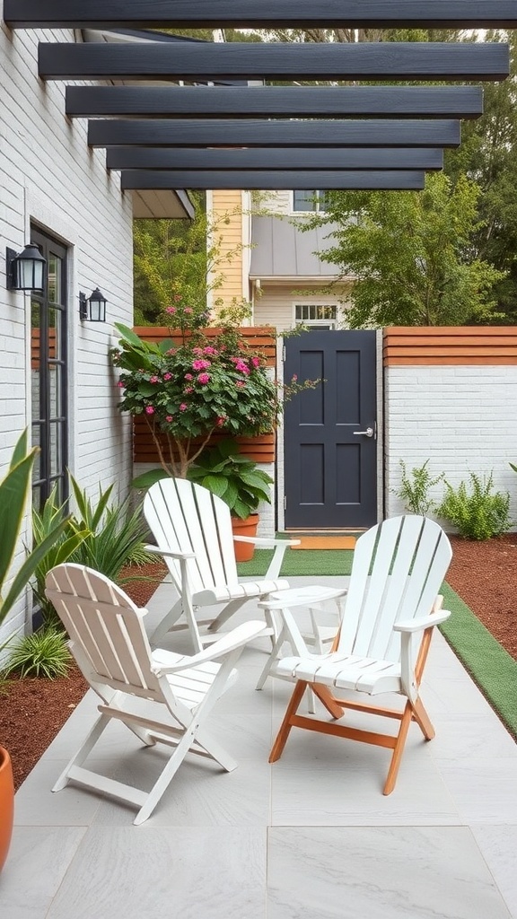 A minimalist patio featuring white folding chairs arranged around a small table, surrounded by greenery.