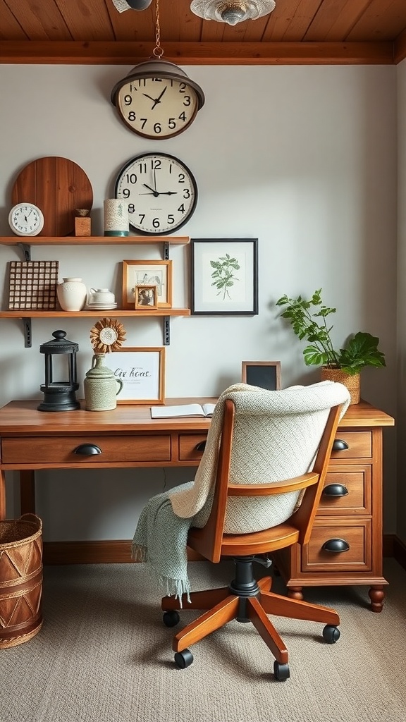 A cozy home office featuring a wooden desk, a comfortable chair, and rustic decor elements like clocks and plants.