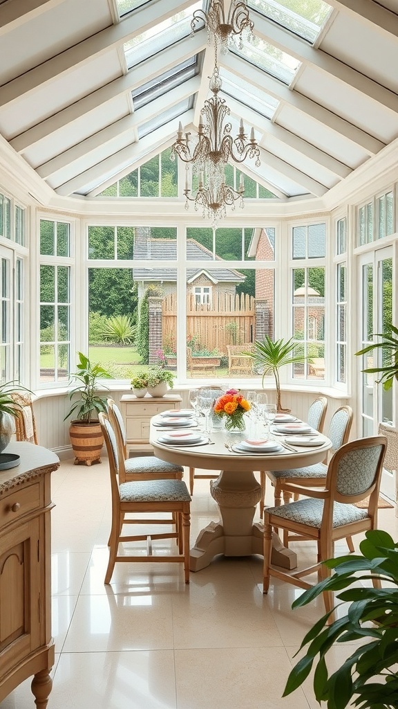 A bright and airy indoor dining area with a round table, cushioned chairs, and a chandelier, surrounded by large windows and plants.