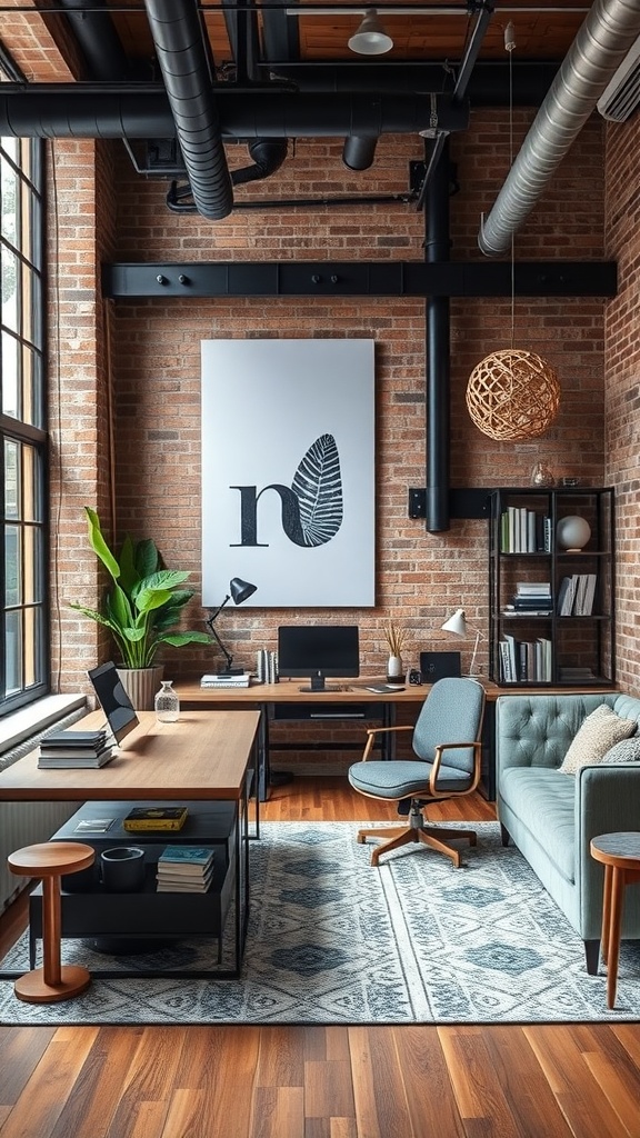 Chic industrial home office with exposed brick walls, wooden furniture, and modern decor.