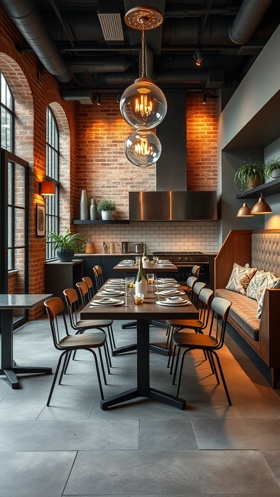 Chic industrial style dining room with exposed brick walls and modern decor.