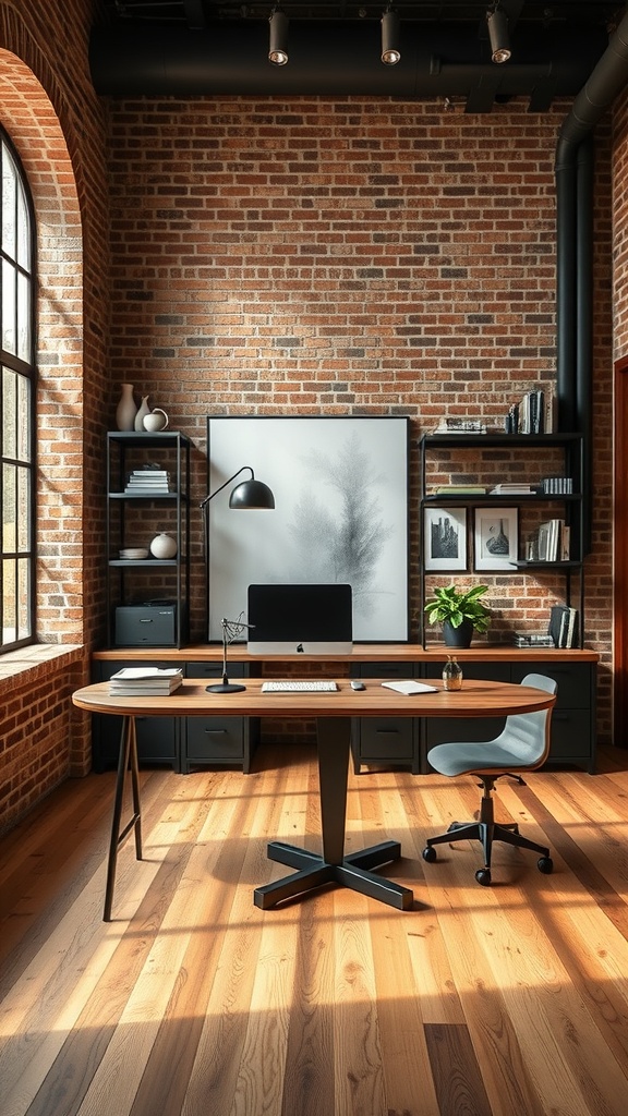 Chic industrial home office with exposed brick walls and modern furniture.