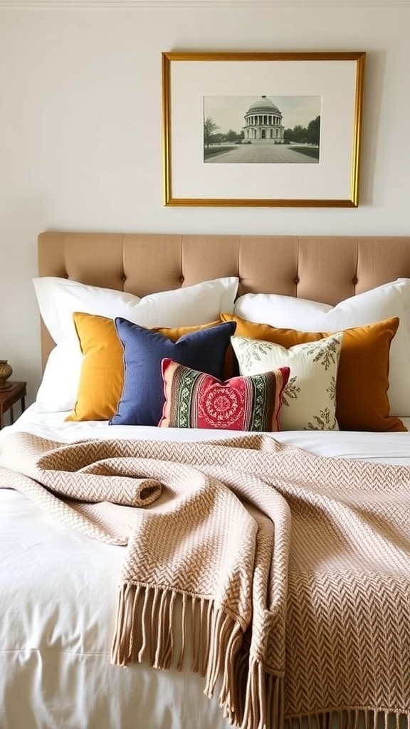 A beautifully layered bed with colorful pillows and a cozy throw blanket.