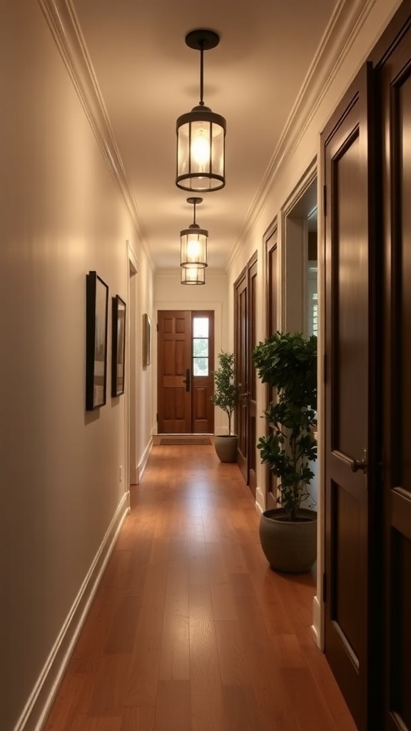 A hallway with stylish pendant lighting and wooden doors
