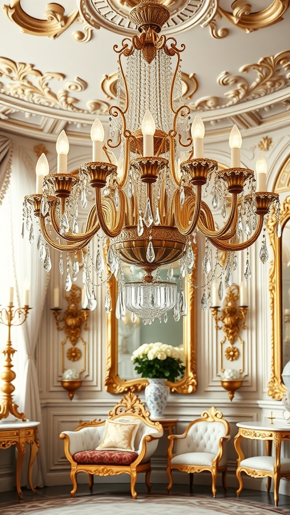A luxurious Rococo chandelier with crystals and golden accents, illuminating a beautifully decorated interior.