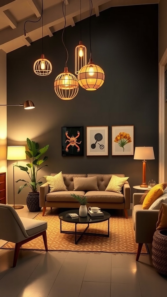 A stylish living room with various chic lighting fixtures, including pendant lights and a floor lamp, creating a cozy atmosphere.
