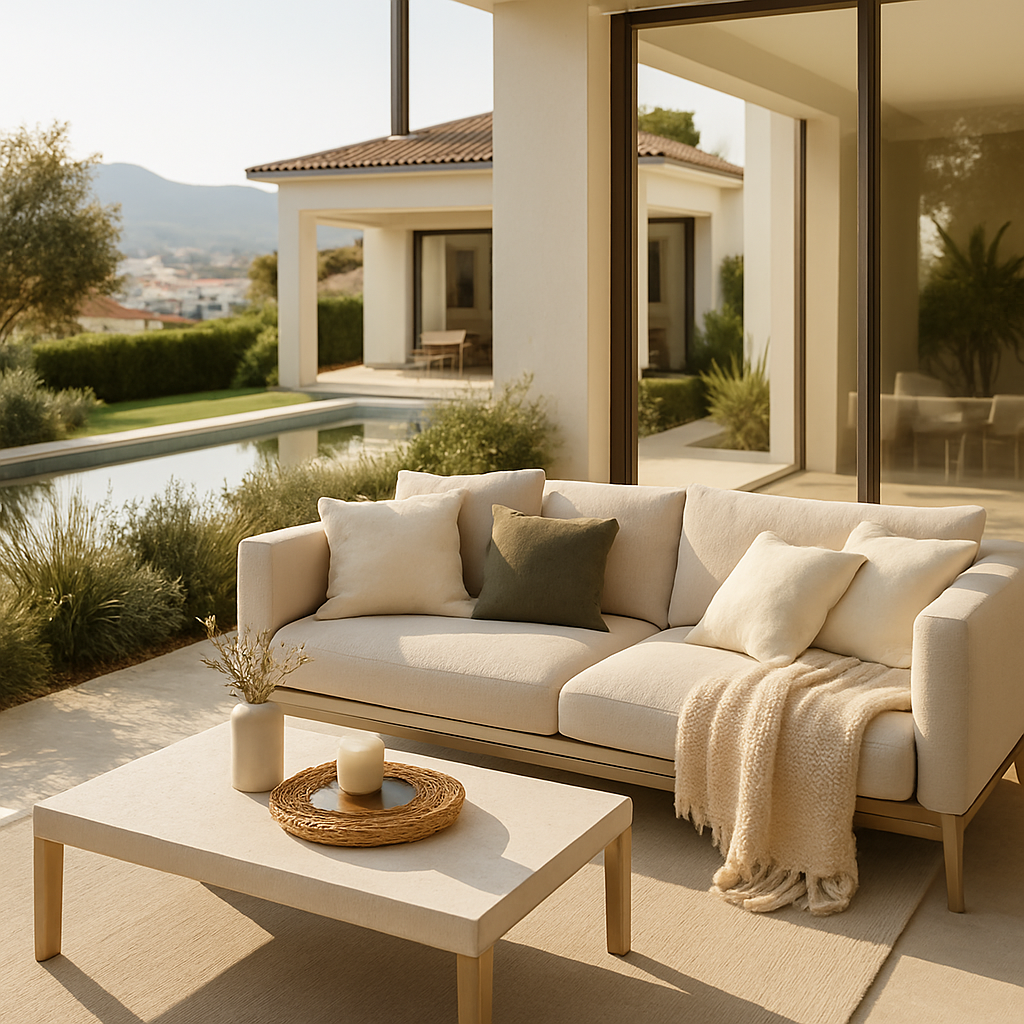 Chic Outdoor-Lounge mit Wasser-Elementen, elegantem Sofa und natürlicher Umgebung