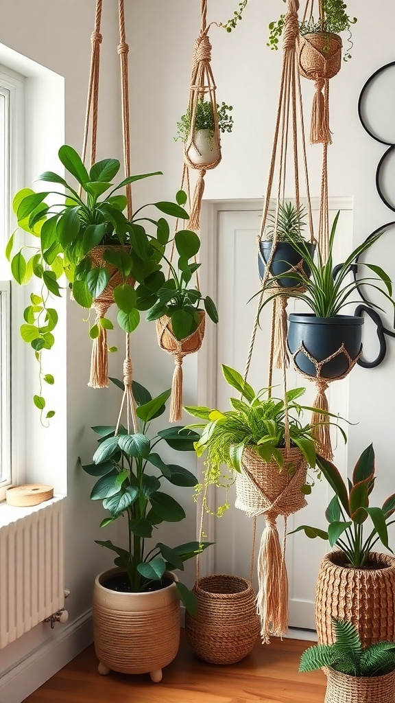 A collection of macrame plant hangers displaying various plants in a bright room.