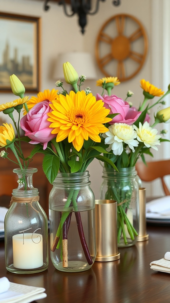 Chic mason jar centerpieces with flowers and candles on a dining table.