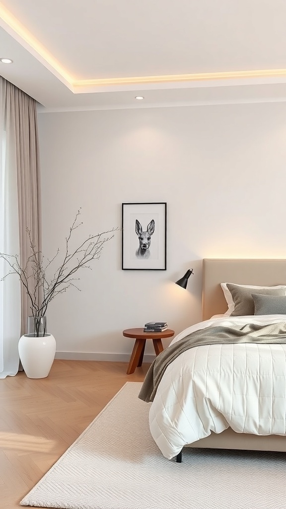 A chic minimalist bedroom featuring a cozy bed, soft bedding, and a simple decor.