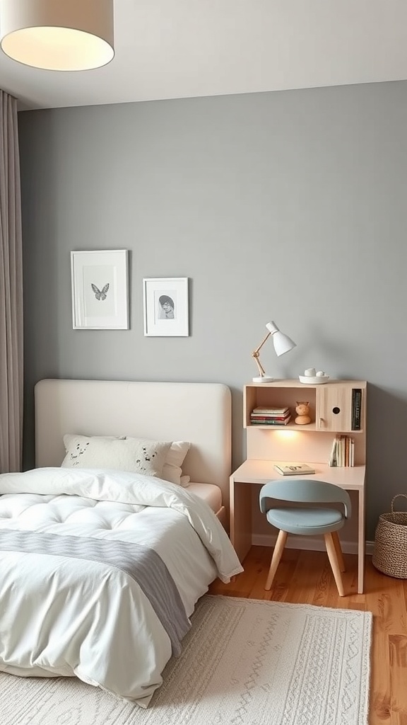 A chic minimalist kids bedroom with gray walls, a cozy bed, and a stylish desk.