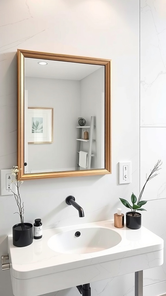A chic bathroom mirror with a gold frame above a modern sink, surrounded by minimal decor.